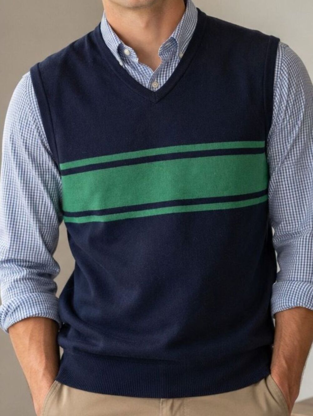 Vintage 90s Structure $58 Medium Navy Green Stripe Cotton V-Neck Sweater Vest